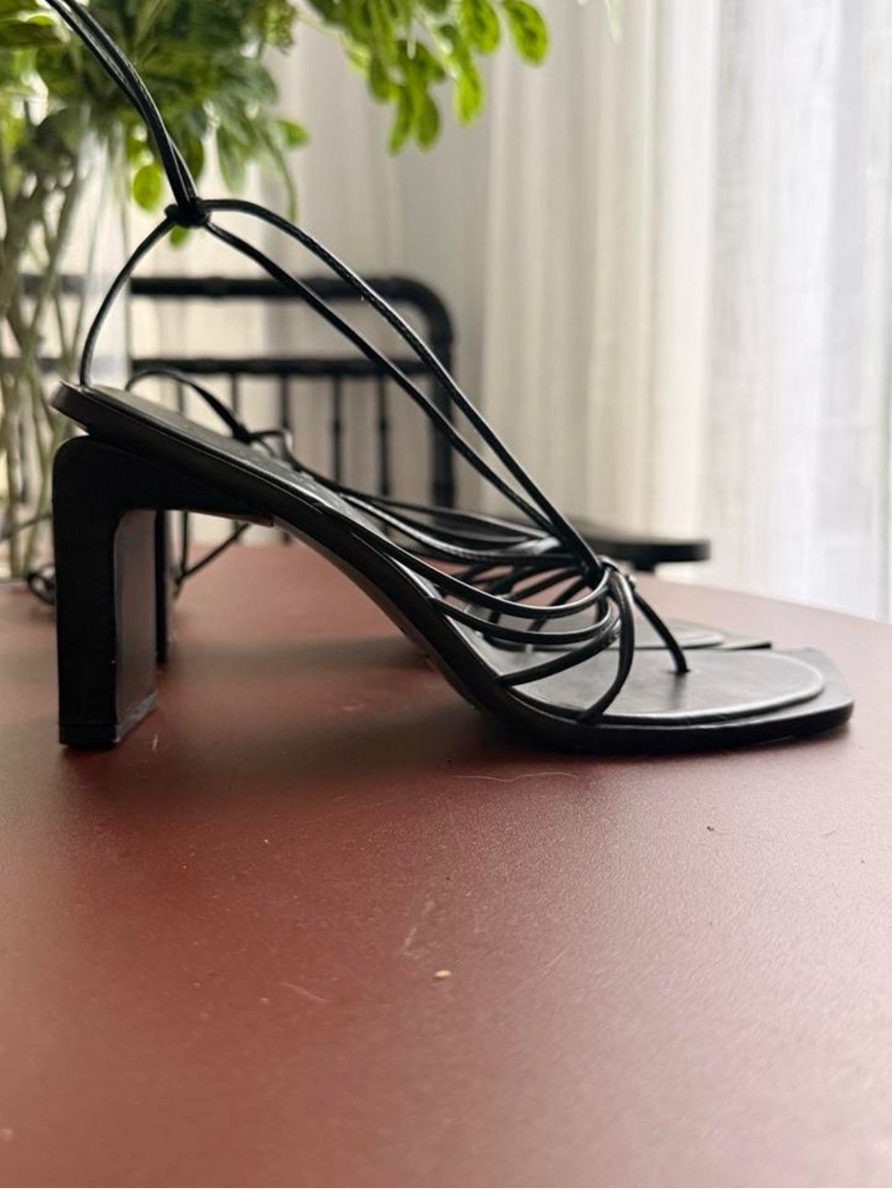 Black Strappy Square-Toe Heeled Sandals – Women